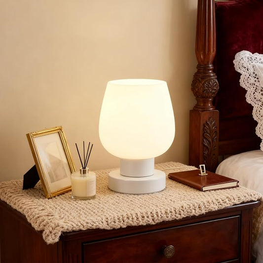 Touch Table Lamp with 3 Way Dimmable for Bedroom Nightlight Living Room, Modern Desk Lamp with LED Bulb, White Opal Glass Lamp Shade, Metal Base