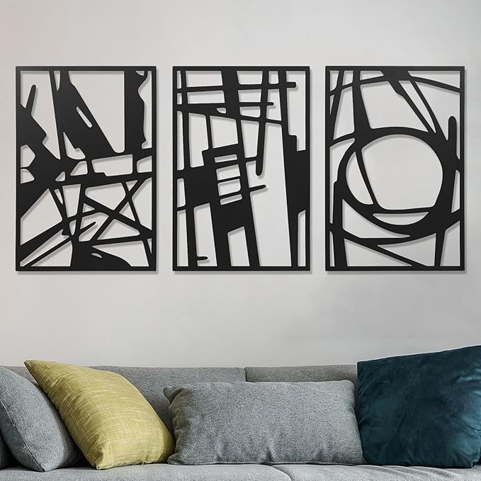 AMAATE 3 Piece Modern Abstract Black Metal Wall Art, Minimalist Geometric Line Art Wall Sculptures, Hollow Out Metal Hanging Decor for Living Room Bedroom Office Home Decor, 14.6" X 22.5" in