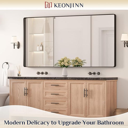 Keonjinn Black Bathroom Mirror for Over Sink, 72 x 36 Inch Large Rounded Rectangle Bathroom Vanity Mirror, Matte Black Sandblasted Finish, HD Tempered Glass, Seamless Metal Frame(Horizontal/Vertical)