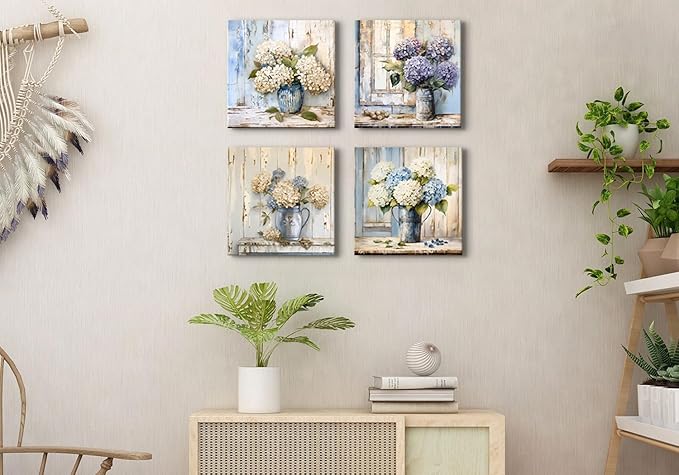 Blue Hydrangea Wall Art Vintage Farmhouse Flowers Pictures Bathroom Wall Decor Blossom Floral Painting Abstract Nature Botanical Posters Artwork for Living Room Kitchen Home Decoration 12x12” 4Pcs