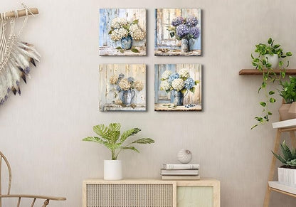 Blue Hydrangea Wall Art Vintage Farmhouse Flowers Pictures Bathroom Wall Decor Blossom Floral Painting Abstract Nature Botanical Posters Artwork for Living Room Kitchen Home Decoration 12x12” 4Pcs