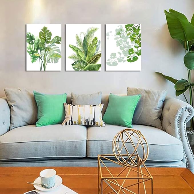 Enartly Green Leaf Wall Art Nature Plants Canvas Minimalist Leaves Prints Botanical Picture Tropical Floral Painting Artwork Framed for Bathroom Living Room Bedroom Office Home Decor 12"x16"x3