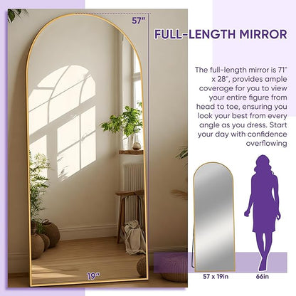 46"×90" Arched Full Length Floor Mirror, Standing Mirror with Aluminum Frame, Large Body Mirror of Free Standing/Wall Mount/Leaning for Bedroom, Living Room, Dressing Room, Gold