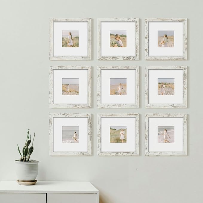 YESKAY 8x8 Picture Frame Set of 9, Photo Gallery Wall Frame Set, Display Pictures 4x4 with Mat or 8 x 8 Without Mat, Square Frame Picture Frames Collage Wall decor, Distressed White