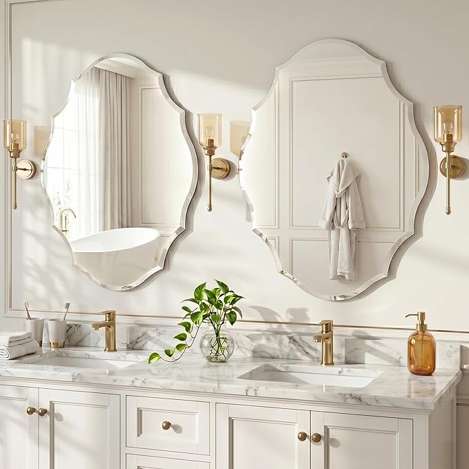 Frameless Wall Mirror 28x22 Inch, Decorative Scalloped Vanity Mirror with Beveled Edge for Bathroom, Entryway & Bedroom