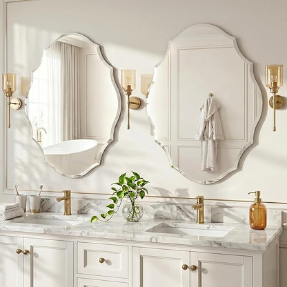Frameless Wall Mirror 28x22 Inch, Decorative Scalloped Vanity Mirror with Beveled Edge for Bathroom, Entryway & Bedroom
