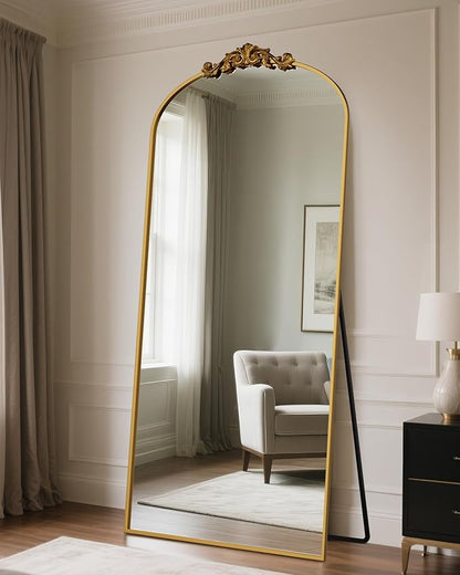 Antok Arched Full Length Mirror, 78"x38" Floor Mirror with Carved, Full Body Mirrors for HomeDecor, Standing/Halling Large Wall Mirror for Bedroom, Living Room, Cloakroom, Gold, Retro Style