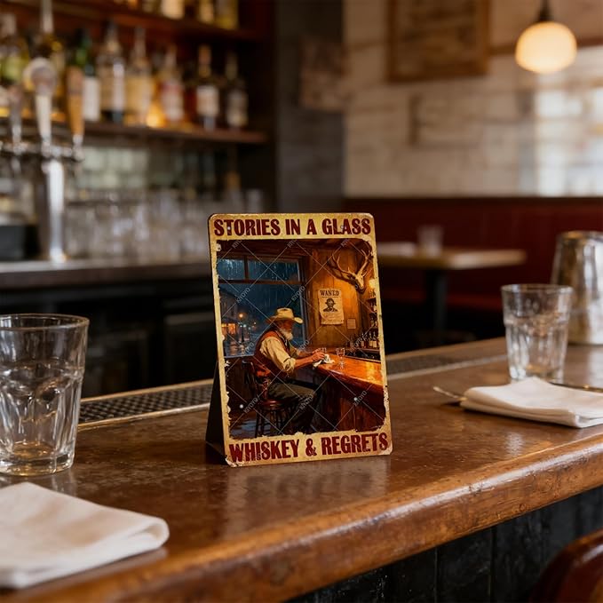 Western Cowboy Metal Tin Sign Rustic Wall Decor Vintage Stories In A Glass Retro Art Iron Painting for Home Bar Man cave 12x8 Inch