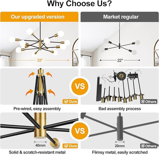 10.9"-52.3" Height Adjustable Modern Chandelier Ceiling Light Fixture, 12-Light Sputnik Chandeliers Brushed Gold and Black Mid Century Chandelier Over Table, Chandeliers for Dining Room Living Room