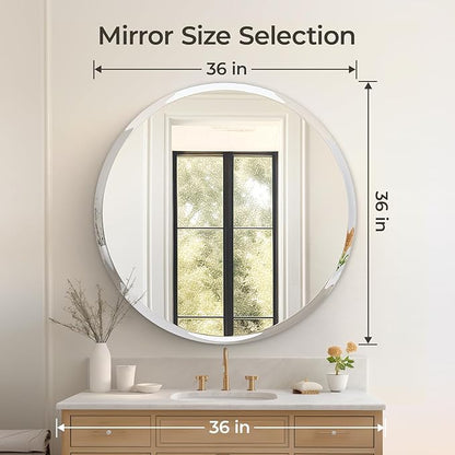 USHOWER 36" Round Frameless Wall Mirror with Beveled Edge - Circle Mirror for Bathroom & Vanity, Elegant & Simple Look