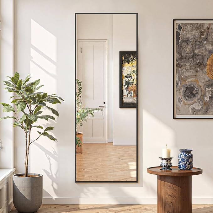 Mirror Full Length 56"x15" Full Body Floor Mirror with Stand, Shatterproof Glass, Aluminum Alloy Frame, Free Standing Wall Mounted or Leaning Rectangle Mirrors for Bedroom Living Room Entryway