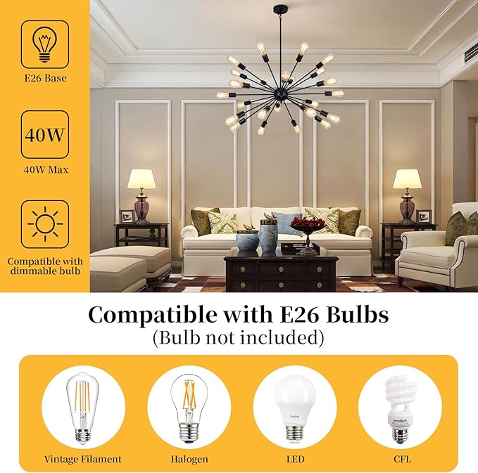 24 Light Black Sputnik Chandeliers, Modern Farmhouse Chandeliers for Dining Room Light Fixtures Over Table, Industrial Ceiling Hanging Lighting for Living Room, Bedroom, Kitchen, Foyer