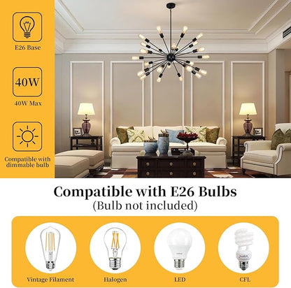 24 Light Black Sputnik Chandeliers, Modern Farmhouse Chandeliers for Dining Room Light Fixtures Over Table, Industrial Ceiling Hanging Lighting for Living Room, Bedroom, Kitchen, Foyer