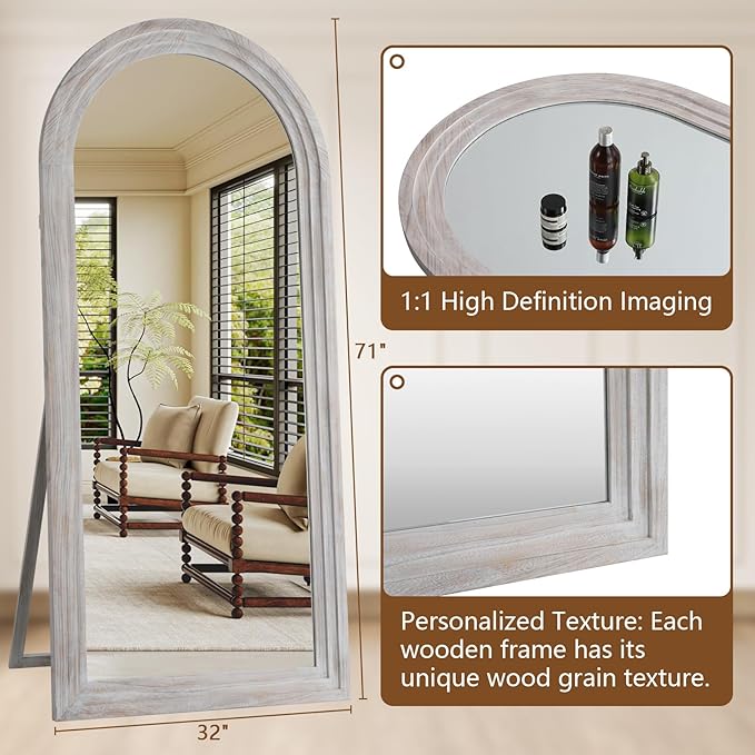 MELOMOIR Arched Full Length Mirror with Solid Wood Frame, 71"x32" Rustic Farmhouse Large Floor Mirror with Stand, Free Standing Leaning Hanging, for Bedroom Living Room Dressing Room, Distressed White