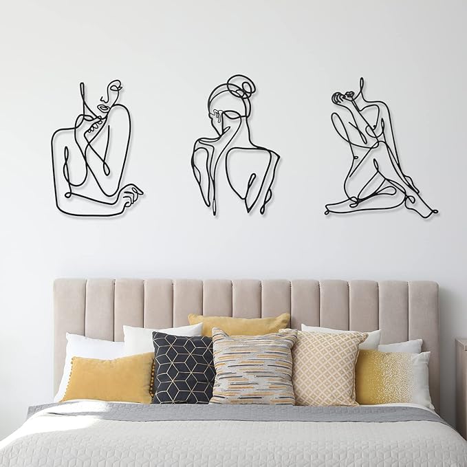 Photect 3 Pcs Metal Wall Art Decor Minimalist Abstract Woman Wall Art Metal Modern Line Drawing Decor Female Single Line Home Hanging for Bedroom Bathroom Living Room Housewarming(Modern,Black)