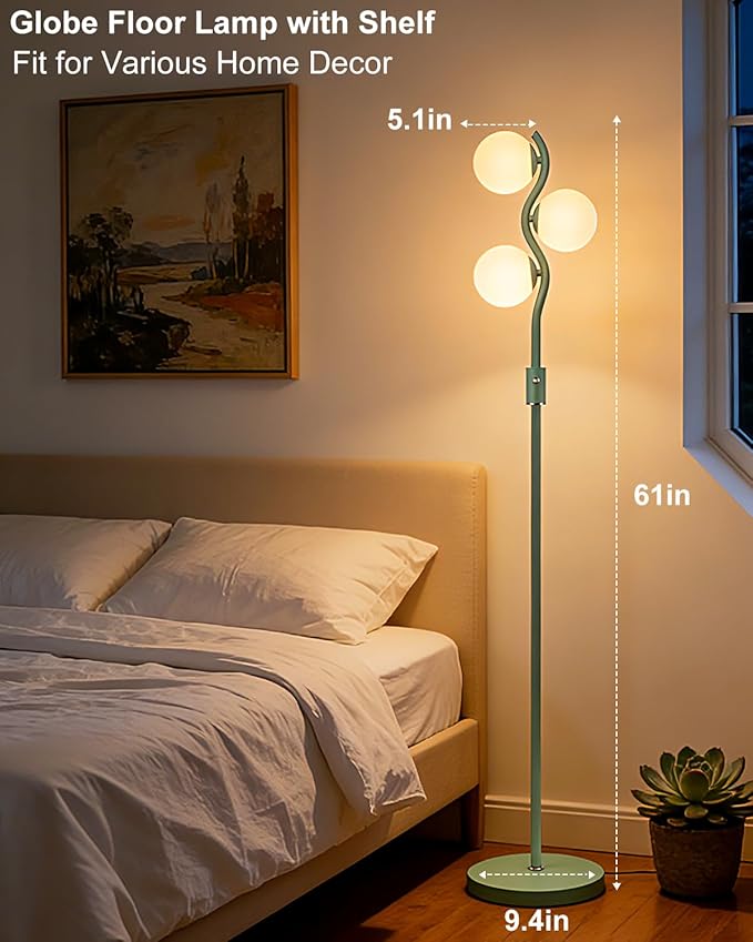 Lightdot 60IN Green Floor Lamp Stepless Dimmable Globe Floor Lamps with 3Pcs 3000K Bulbs Eye-Friendly Mid Century Standing Lamps with 5Lbs Heavy Base for Living Room/Bedroom/Corner