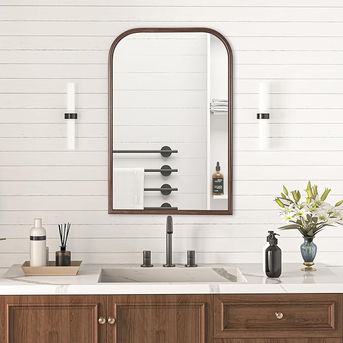 24"x36" Arch Wall Mirror Bathroom Mirror for Wall Mounted, Tempered Glass, Wood Grain Finish Frame Wall Mirror Decorative for Bedroom Living Room Entryway, Rustic Brown
