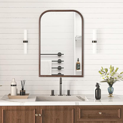 24"x36" Arch Wall Mirror Bathroom Mirror for Wall Mounted, Tempered Glass, Wood Grain Finish Frame Wall Mirror Decorative for Bedroom Living Room Entryway, Rustic Brown