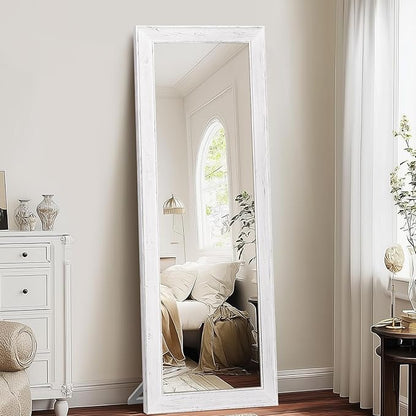 Full Length Mirror 65"x22" - Beveled Edge Rustic White Dressing Mirror, Solid Wood Frame, Wall Mounted or Standing for Bedroom, Entryway, Living Room
