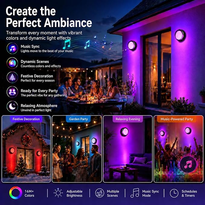 Meevt Smart Outdoor Wall Lights, 1200LM RGBCW Porch Lights, IP65 Waterproof Exterior Wall Sconce, Work with Alexa & Google Assistant, App & Remote Control Wall Lights for Patio, Garage, Round, 1 Pack