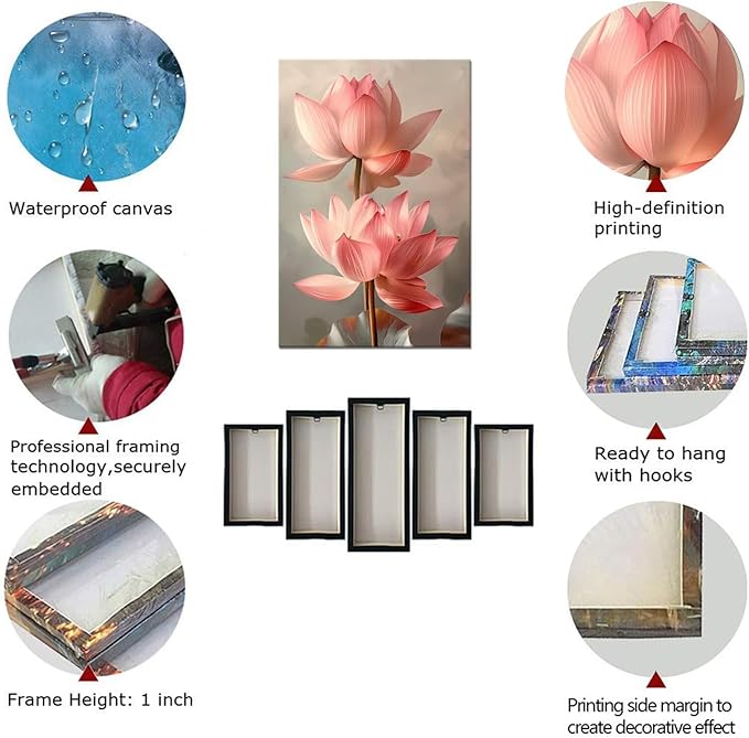 Pink Bathroom Decor Lotus Wall Art Flowers Pictures Modern Spring Floral Paintings Canvas Prints Artwork for Living Room Bedroom Home Decoration Framed