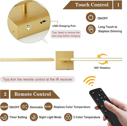 KARTOOSH 28.3 Inch Battery Operated Wireless Wall Sconce, 360° Rotatable Detachable Modern Wall Lamp with Remote Control Stepless Dimmable 3000K-6000K LED Light for Bedroom, Living Room Gallery Gold