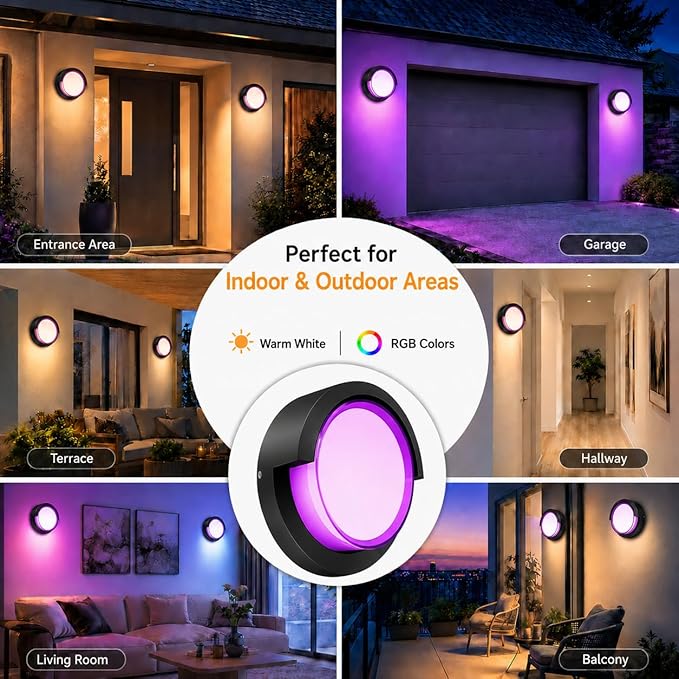 Meevt Smart Outdoor Wall Lights, 1200LM RGBCW Porch Lights, IP65 Waterproof Exterior Wall Sconce, Work with Alexa & Google Assistant, App & Remote Control Wall Lights for Patio, Garage, Round, 2 Pack