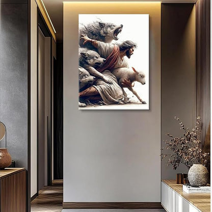 Jesus and Lamb Wall Art Jesus Saves the Lost Sheep Christian Picture Wall Decor Shepherd Protect a Lamb from Wolves Painting Poster Print Artwork for Living Room Bedroom Church Decor 16X24 in canvas