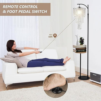 Arc Floor Lamp with Table and Shelves,Crystal Floor Lamps for Living Room,Dimmable Elegant Modern LED Floor Standing Lamp with Remote Control & 10 Colors,Black Adjustable Tall Lamp For Bedroom Corner