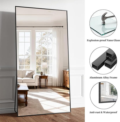Large Full Length Mirror, 78"x35" Big Full Body Mirrors, Floor Mirror Full Length, Standing Mirror for Bedroom, Living Room Cloakroom, Tempered Glass, Aluminum Alloy, Black