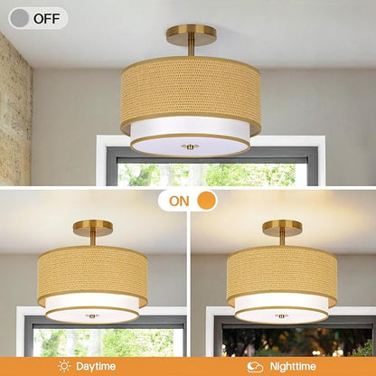 Vexagyle Boho Light Fixtures Woven Rattan-Style Flush Mount Ceiling Light, 12.6inch Closed to Ceiling Light Fixture with 2-Tier Drum Design for Bedrooms, Kitchen, Dining Room, Hallway