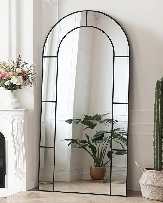 Antok 78" x 38" Full Length Mirror, Floor Mirror Arched Window Decorative Mirror, Metal Framed Decor Farmhouse Floor Mirrors Art Pane Mirrors Wall Decor for Bedroom, Living Room, Entryway Black