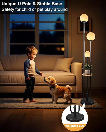 63IN Black Floor Lamp with Shelf Mid Century Modern Tall Standing Lamps with 3000K Warm White Bulb Included Dimmable Globe Floor Lamp with 5Lbs Heavy Base for Living Room/Bedroom/Home Decor