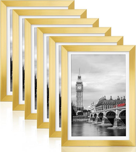 Fixwal 5x7 Picture Frame Set of 6 with Shatter Resistant Plastic Glass, Thin Border and Light Weight Photo Frames for Wall or Tabletop Display, Gift for Mother's Day, Father's Day, Graduation, Gold