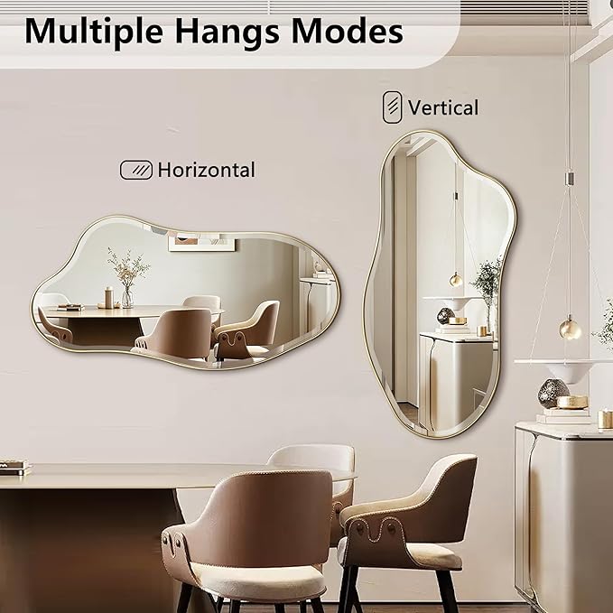 POZINO Irregular Beveled Mirror, 53"x26.5" Modern Premium Organic Wall Mirror with Metal Frame, Gold Asymmetrical Aesthetic Mirrors for Living Room Bedroom Hallway Entryway, Horizontal/Vertical
