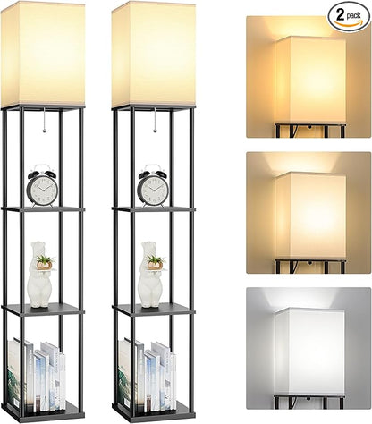 FOLKSMATE 2-Pack Floor Lamp with Shelves, 3-Tier Modern Square Bookshelf Floor Lamp, 3 Color Temperature Bulb Included, Black Floor Lamps for Living Room Bedroom Corner