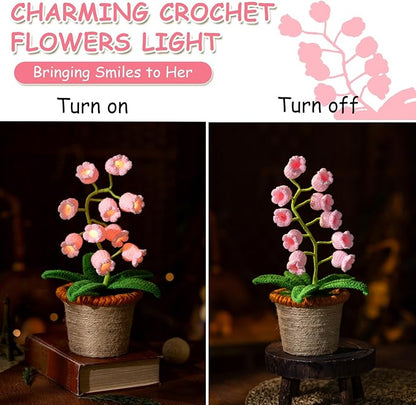 Lily of The Valley Lamp, Pink Crochet Artificial Flowers with Night Lights, Cordless Table Lamp -Birthday Gifts for Women,Cozy Home Decor Mothers Day Gifts