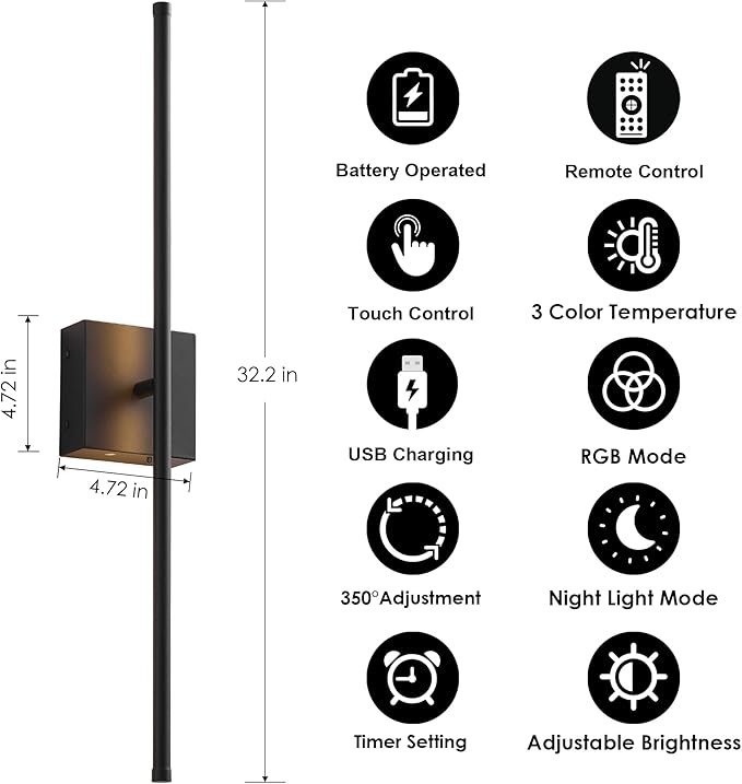 KARTOOSH 32.2 Inch 9 RGB Color Battery Operated Wireless Wall Sconces Set of Two, with Remote, Dimmable, Warm/Natural White/Daylight, Rotatable, LED Wall Light for Living Room, Bedroom, Black