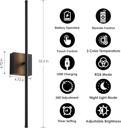 KARTOOSH 32.2 Inch 9 RGB Color Battery Operated Wireless Wall Sconces Set of Two, with Remote, Dimmable, Warm/Natural White/Daylight, Rotatable, LED Wall Light for Living Room, Bedroom, Black