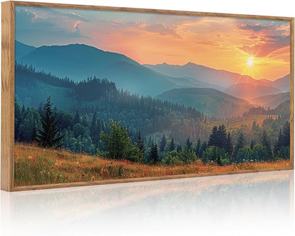Aurlan Boho Mountain Sunset Landscape Framed Wall Art(40"x20"), Large Green Blue Ridge Grand Teton National Park Canvas Artwork, Abstract Modern Watercolor Nature Forest Scenery Decor for Home Office Bedroom