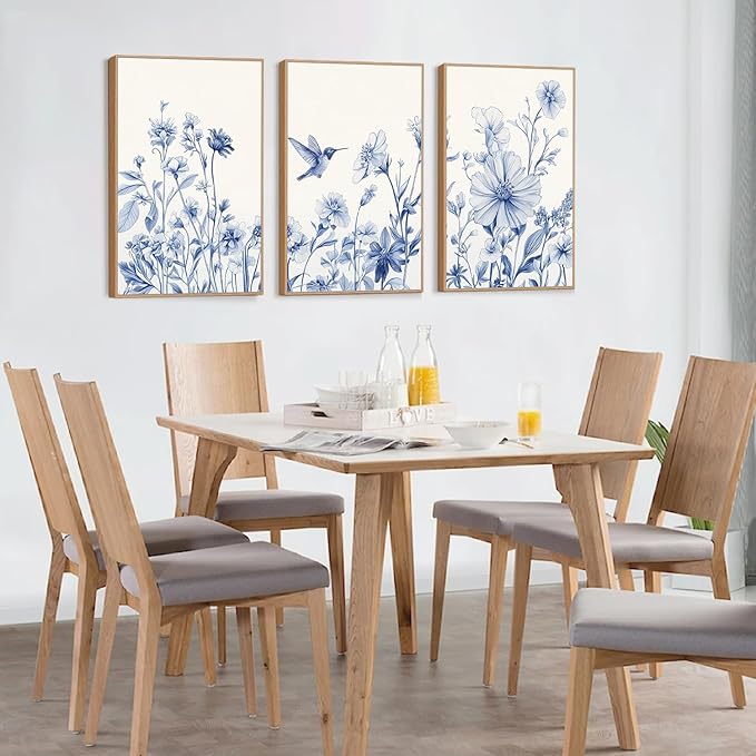HLNIUC Vintage Blue Bird Flower Framed Canvas Wall Art,Large Chinoiserie Floral Wall Decor,Blue White Botanical Artwork Set of 3 (24x36),Watercolor Blossom Prints for Living Room,Bedroom,Office