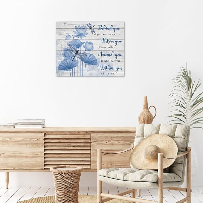 LB Inspirational Dragonfly Wall Art Vintage Farmhouse Blue Floral Canvas Wall Art Rustic Wood Wall Decor for Bedroom Bathroom Living Room Framed Artwork Ready to Hang 12L x 12W