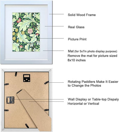 8x10 Picture Frame Set of 4 Made of Solid Wood Photo Frame with Real Glass for Pictures 5x7 with Mat or 8x10 Without Mat, Wall Mount or Tabletop Gallery Photo Frames in White