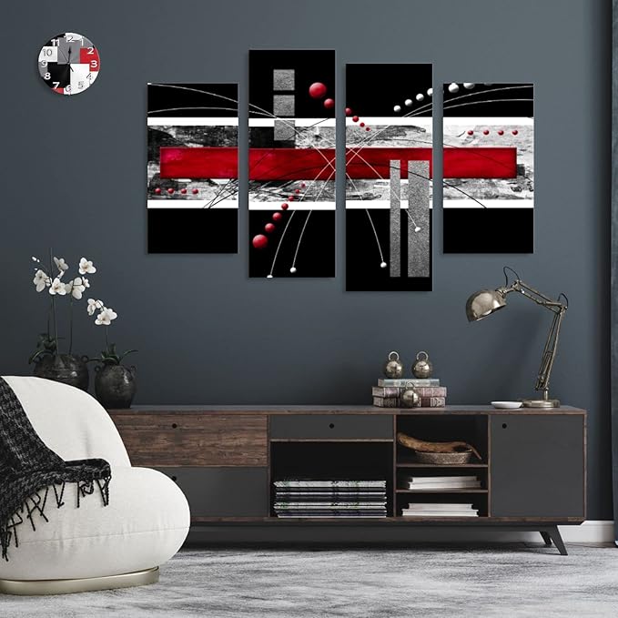 YPY Large Black Red Canvas Wall Art - 4 Panels Modern Abstract Picutre Set for Home Decoration - Contemporary Painting Artwork Ready to Hang Living Room Bedroom W64 x H46