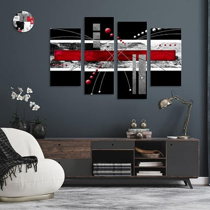 YPY Large Black Red Canvas Wall Art - 4 Panels Modern Abstract Picutre Set for Home Decoration - Contemporary Painting Artwork Ready to Hang Living Room Bedroom W64 x H46