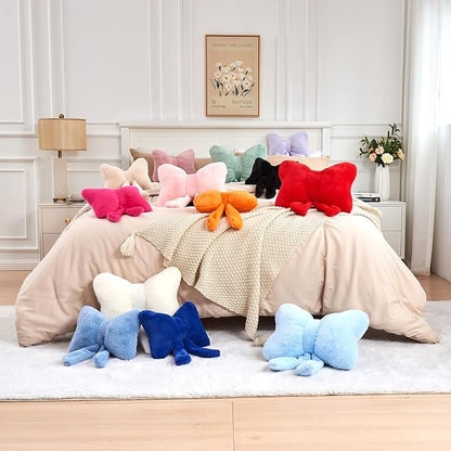 XVTRU Bow Pillow, Soft Bow Decorative Pillows with Faux Rabbit Fur, Cute Bow Throw Pillows, Aesthetic Home Decor Bow Shaped Plush Pillow for Bedroom Sofa Couch (Orange, Small-12 Inch)