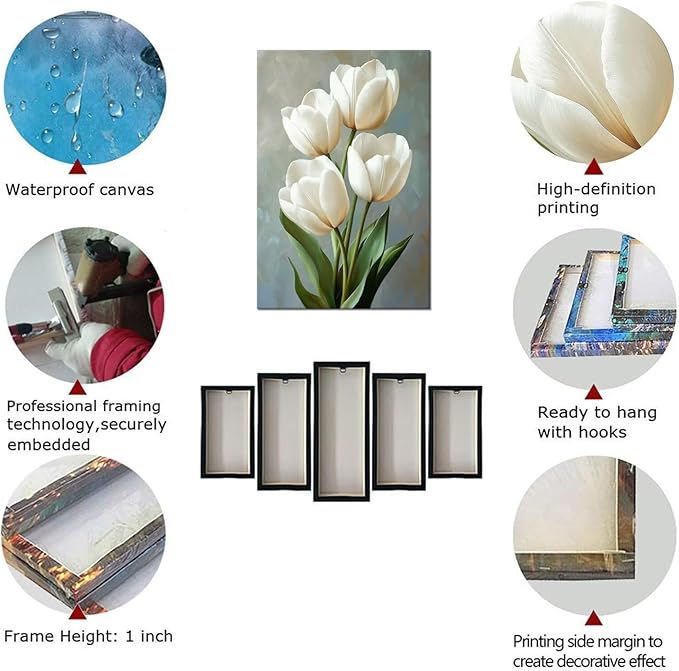 White Wall Art Tulips Wall Decor Flowers Pictures Modern Floral Paintings Canvas Prints Artwork for Bathroom Living Room Bedroom Home Decoration Framed