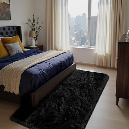 Soft Runner Rugs for Bedroom, Black 3x7 Area Rugs Fluffy Rug Shag Area Rug Carpet, Bedside Rug for Living Room Bedroom Kids Room Home Decor