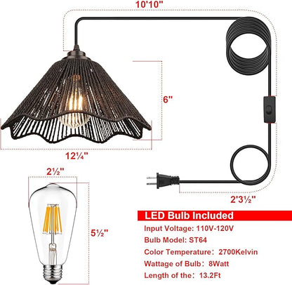 Rattan Plug in Pendant Light Set of 2 (Bulbs Included), 12"x6" Boho Hanging Lights with 13FT Black Hemp Plug-in Cord, On/Off Switch for Living Room, Bedroom, Kitchen