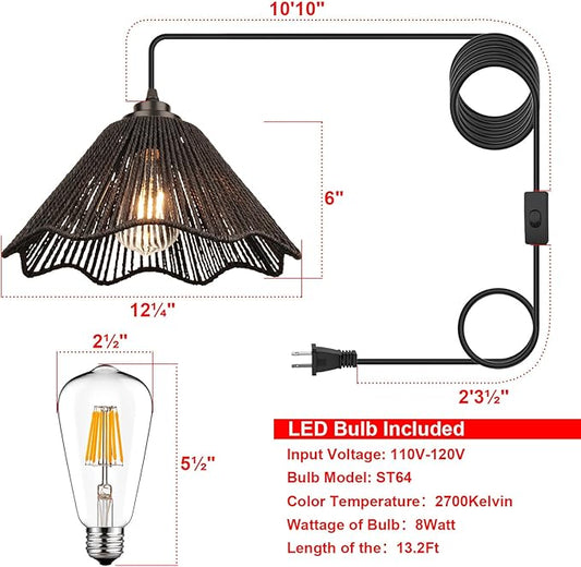 Rattan Plug in Pendant Light Set of 2 (Bulbs Included), 12"x6" Boho Hanging Lights with 13FT Black Hemp Plug-in Cord, On/Off Switch for Living Room, Bedroom, Kitchen